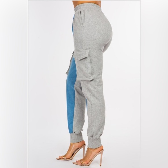 GREY FRENCH TERRY-DENIM COMBO CARGO PANT WITH TANK TOP SET - Picture 6 of 13